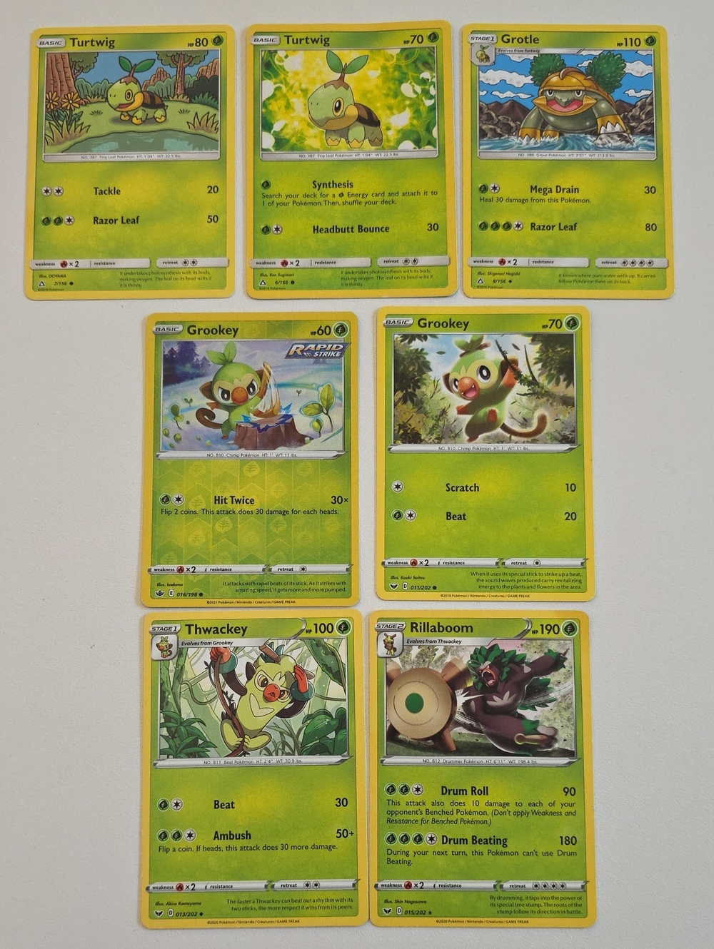 Pokemon Grookey, Thwacky, Turtwig, Rillaboom, And Grotle Card